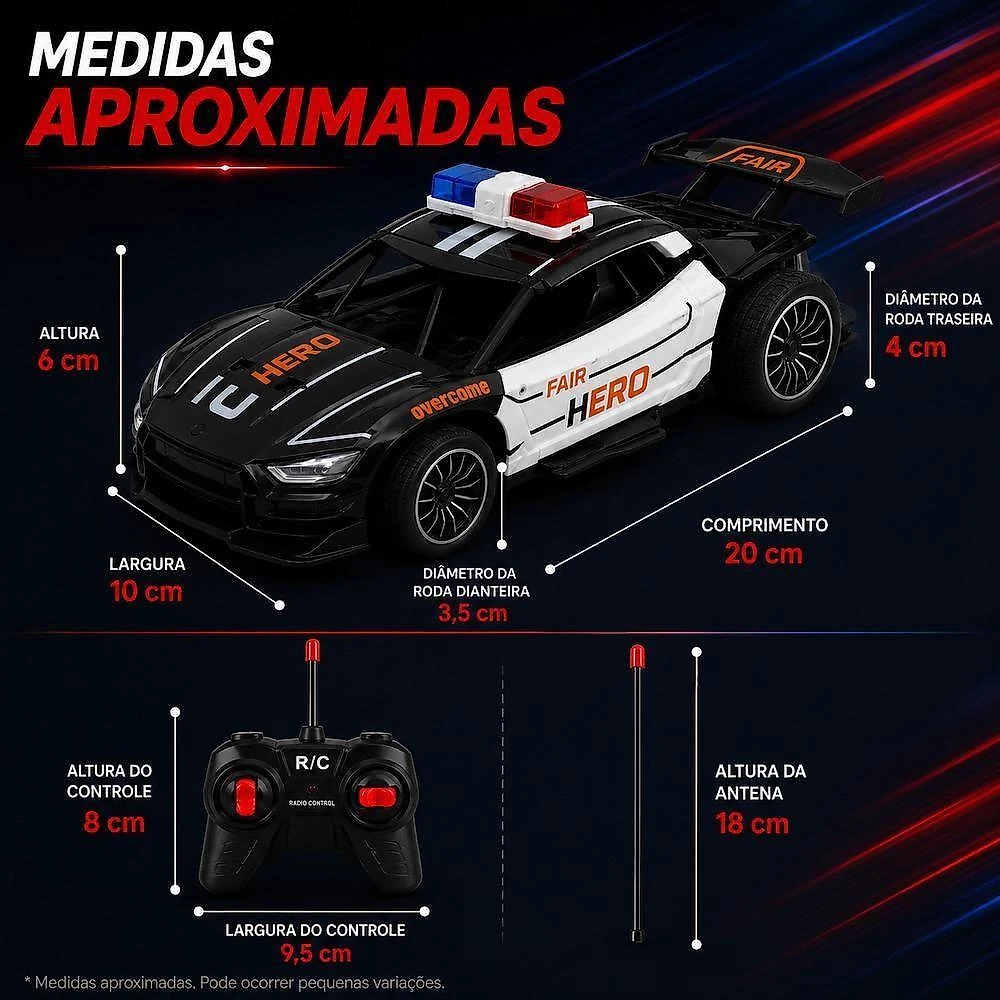 Carrinho Policia Controle Remoto Luz Som Carro Esportivo Vel Recarregável Yeet