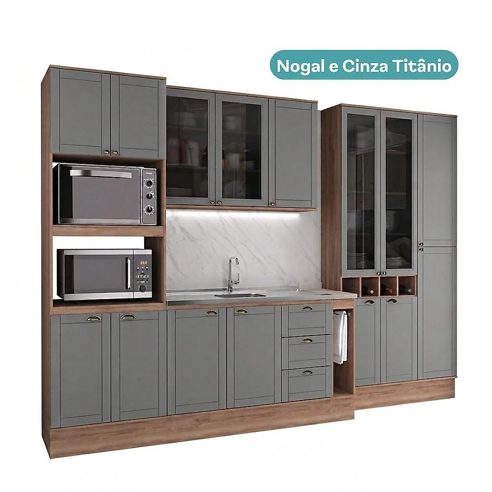 Cozinha Completa com Balcão Milla Living Life 15 Portas 3 Gavetas MDF-MDP 320CM Nogal com Cinza webcontinental-7893455167946