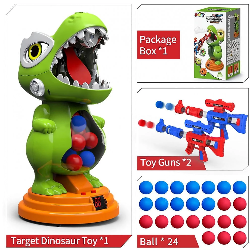BAODLON Jogo de Tiro Dinossauro com Alvo Eletrônico Móvel, 2 Pistolas de Brinquedo, 24 Bolinhas de Espuma - Presente Ideal para Crianças