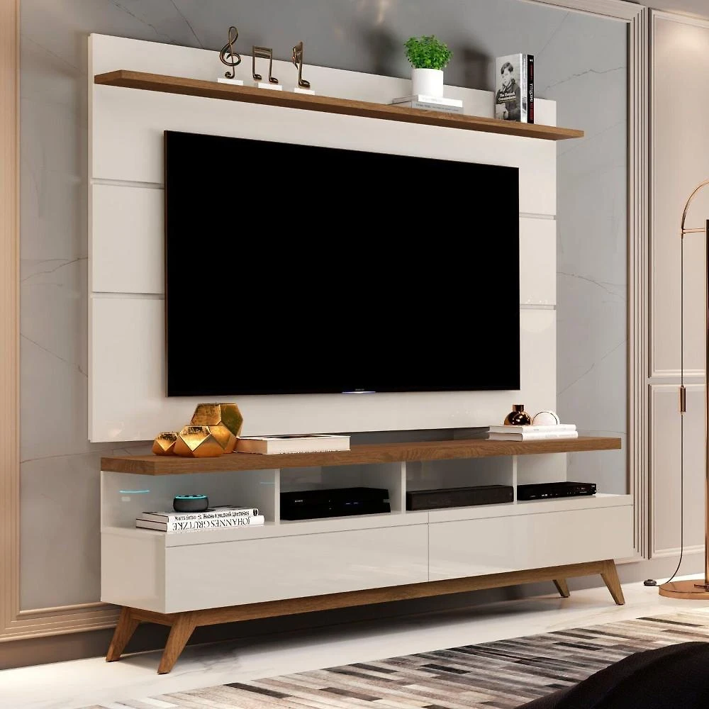 Miniatura Rack com Painel para Tv 60 Polegadas Pés em Madeira Maciça Off White/Freijó