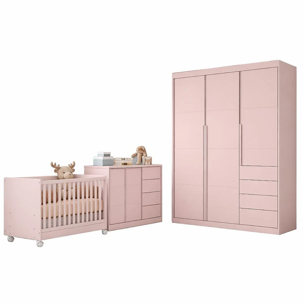 Jogo de Quarto Pérola 3 Portas 4 Gavetas + Cômoda + Berço Mini Cama MDF Rosê Phoenix Baby