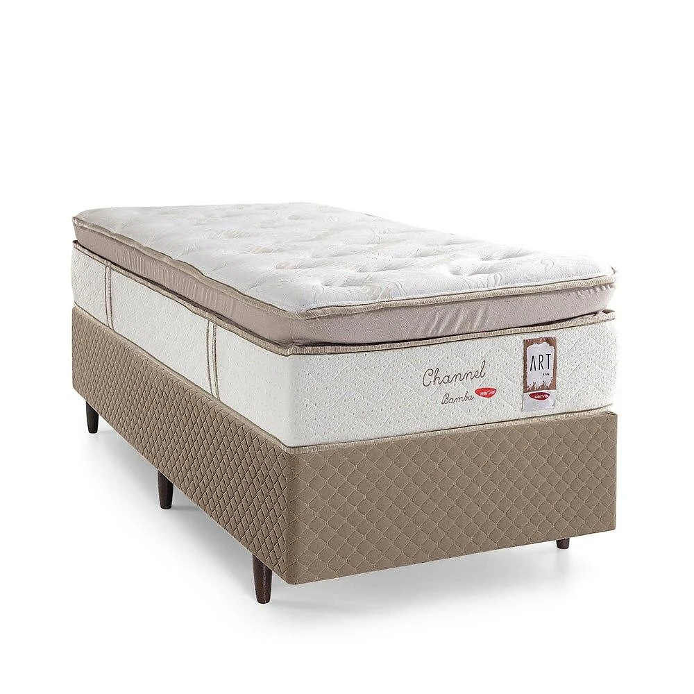 Cama Box Suede Solteiro, Molas Ensacadas Herval Channel Bambu, 73x88x188 cm