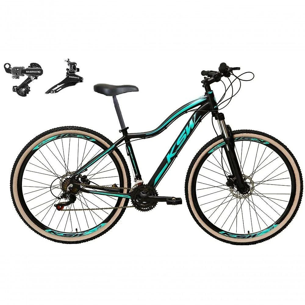 Bicicleta Feminina Aro 29 Ksw Mwza Alumínio 24v Shimano Freio Disco Garfo Suspensão Pneu Faixa Bege - Preto-azul Tam.17