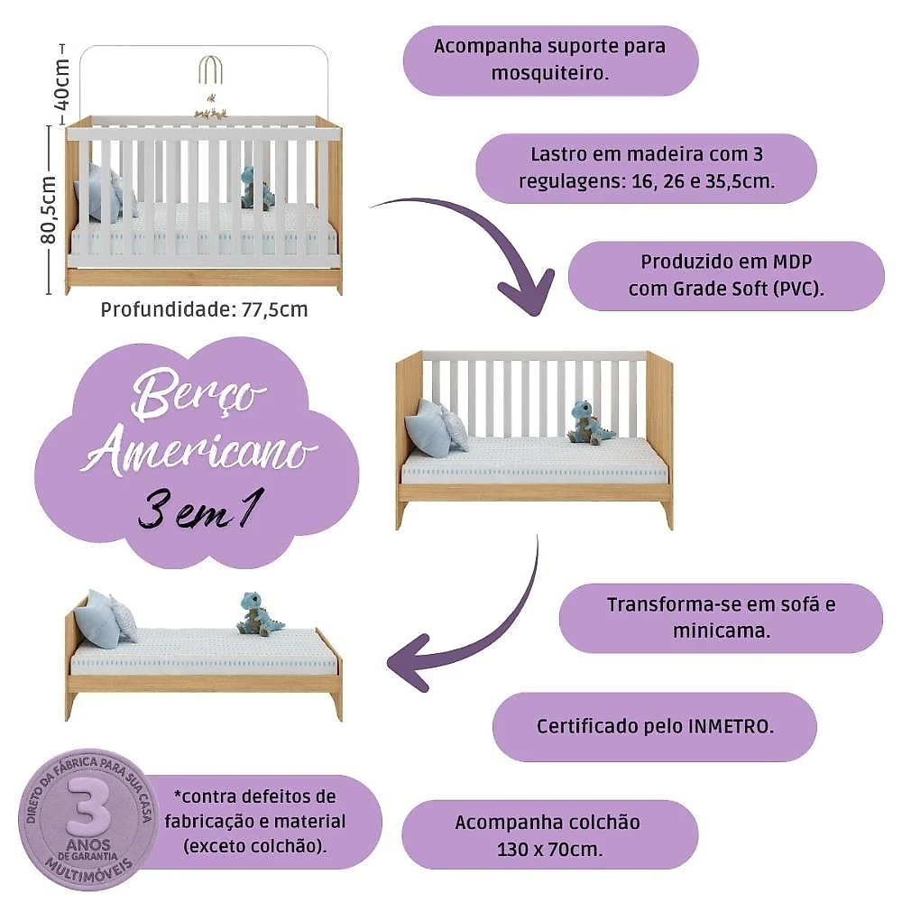 Quarto De Bebê Completo Berço Americano 3 Em 1 Colchão Dengo Multimóveis MP4604 Madeirado-off White