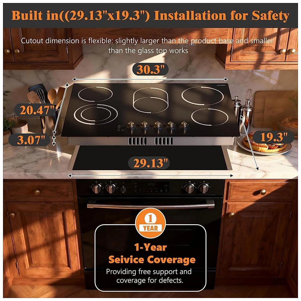 Cooktop elétrico de embutir 77 cm Jessier vitrocerâmico preto 5 zonas radiantes 8400W timer, trava de segurança e zona dupla 220V