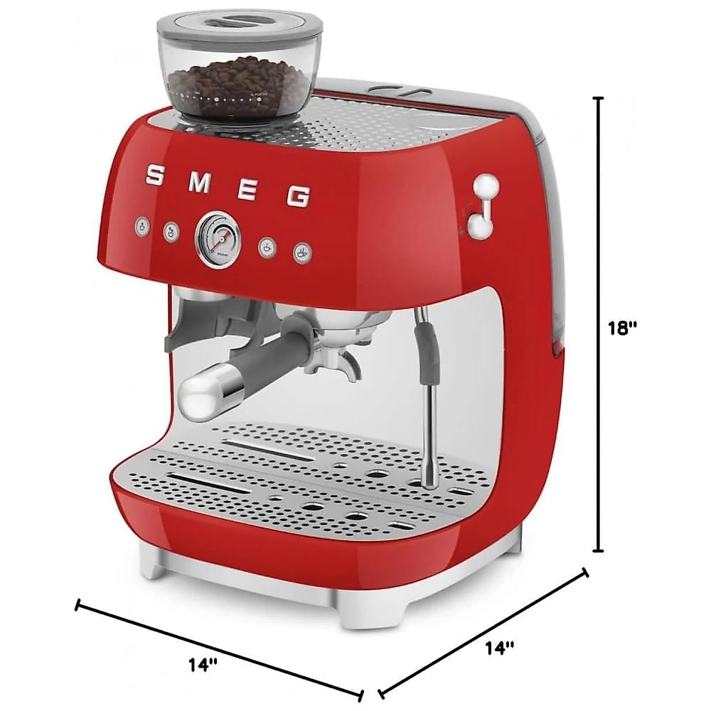 Máquina de espresso semi‑automática Smeg vermelho retrô com moedor integrado, duplo termobloco, porta‑filtro 58 mm e reservatório 2,4L, 110V