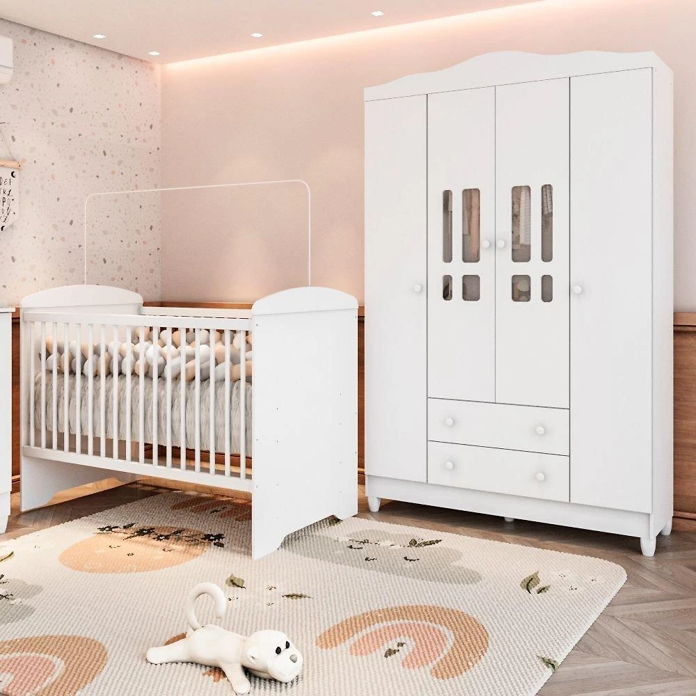 Quarto de Bebe Completo Berço 3 em 1 Eloá e Roupeiro Ariel