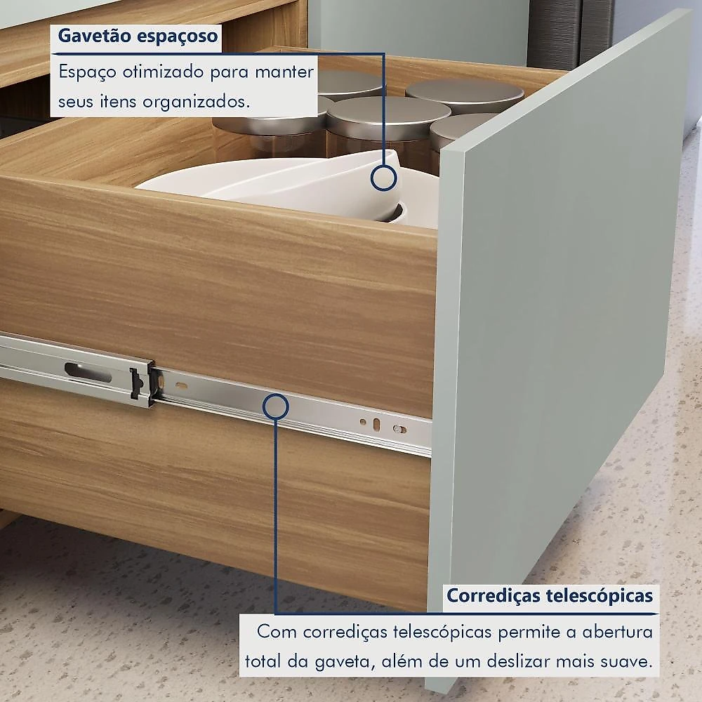 Paneleiro 2 Portas 2 Gavetas 70Cm  100% Mdf Rainha Nature/Verde