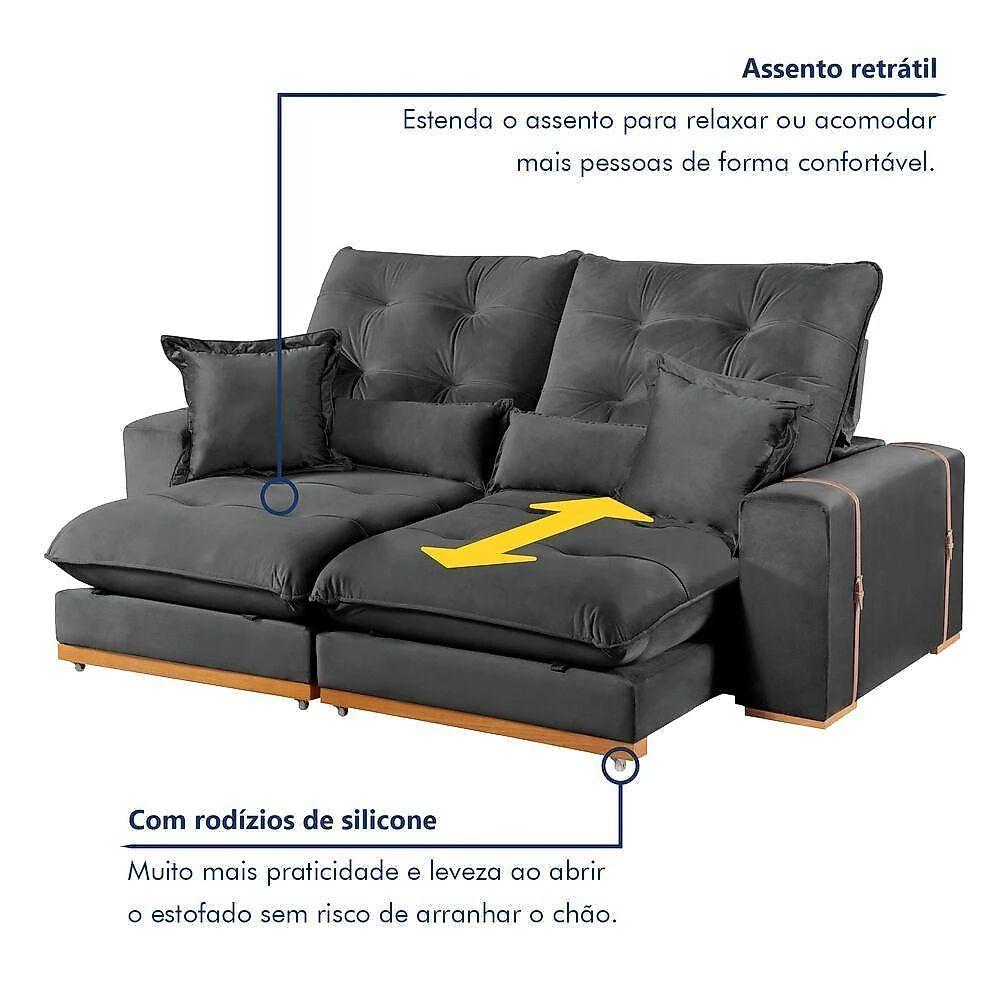 Sofá Milano 3 Lugares Retrátil e Reclinável Cinza Veludo 230CM
