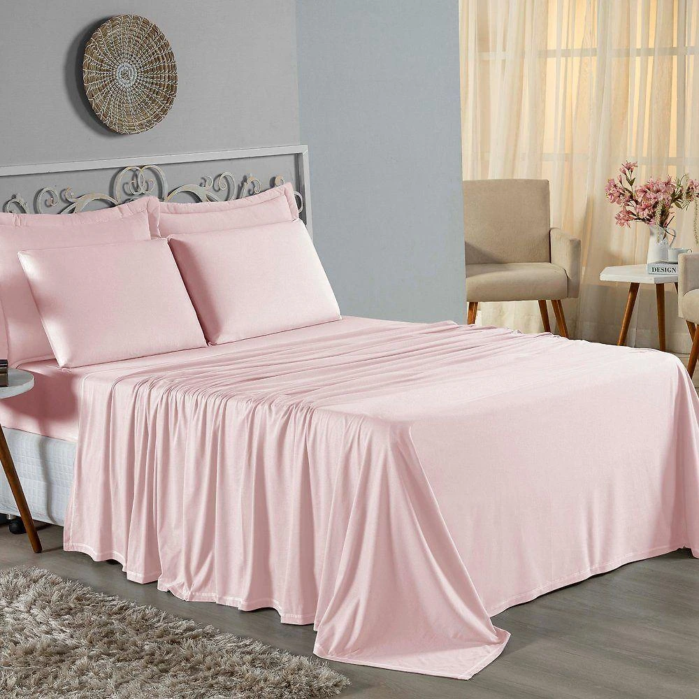 Jogo De Cama King Nobre 4 Peças Lençol Com Elástico De 30cm De Altura Malha 100% Algodão - Rosa