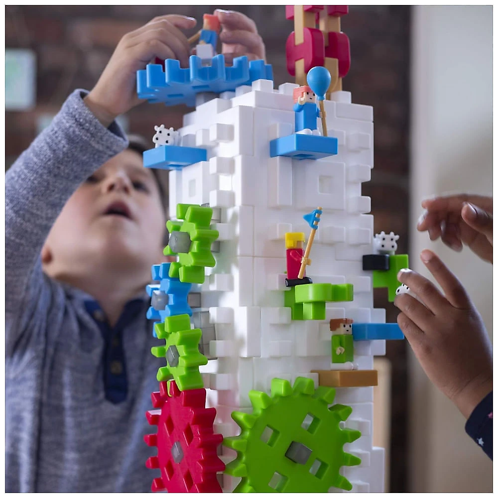 Blocos de construção interligáveis Guidecraft IO Blocks Tabletop System com 118 peças, engrenagens, e base de montagem para atividades STEM