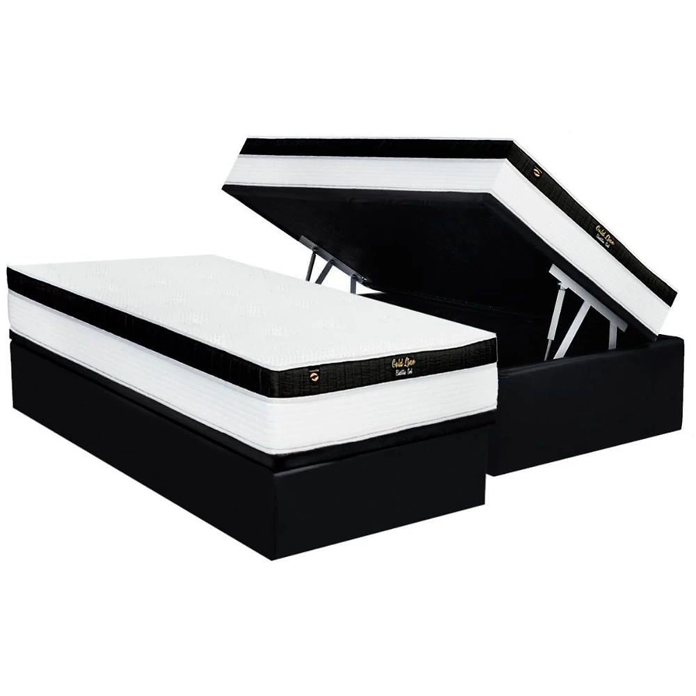Cama Box Baú Solteiro: Colchão Molas Ensacadas Luckspuma Gold Line Elastic Gel + Base Crc Suede Black (88x188)