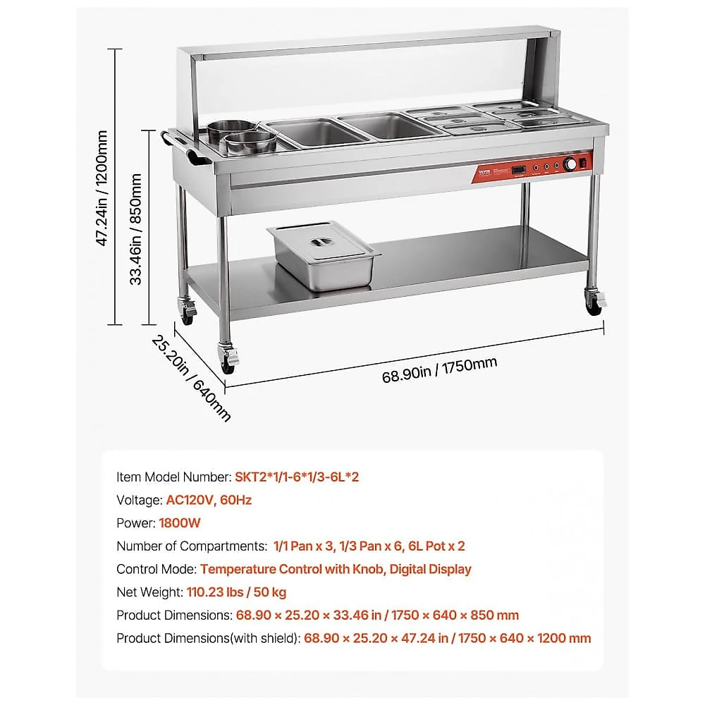 Balcão Térmico VEVOR Inox 8 Cubas + 2 Potes Buffet Profissional 1800W 110V
