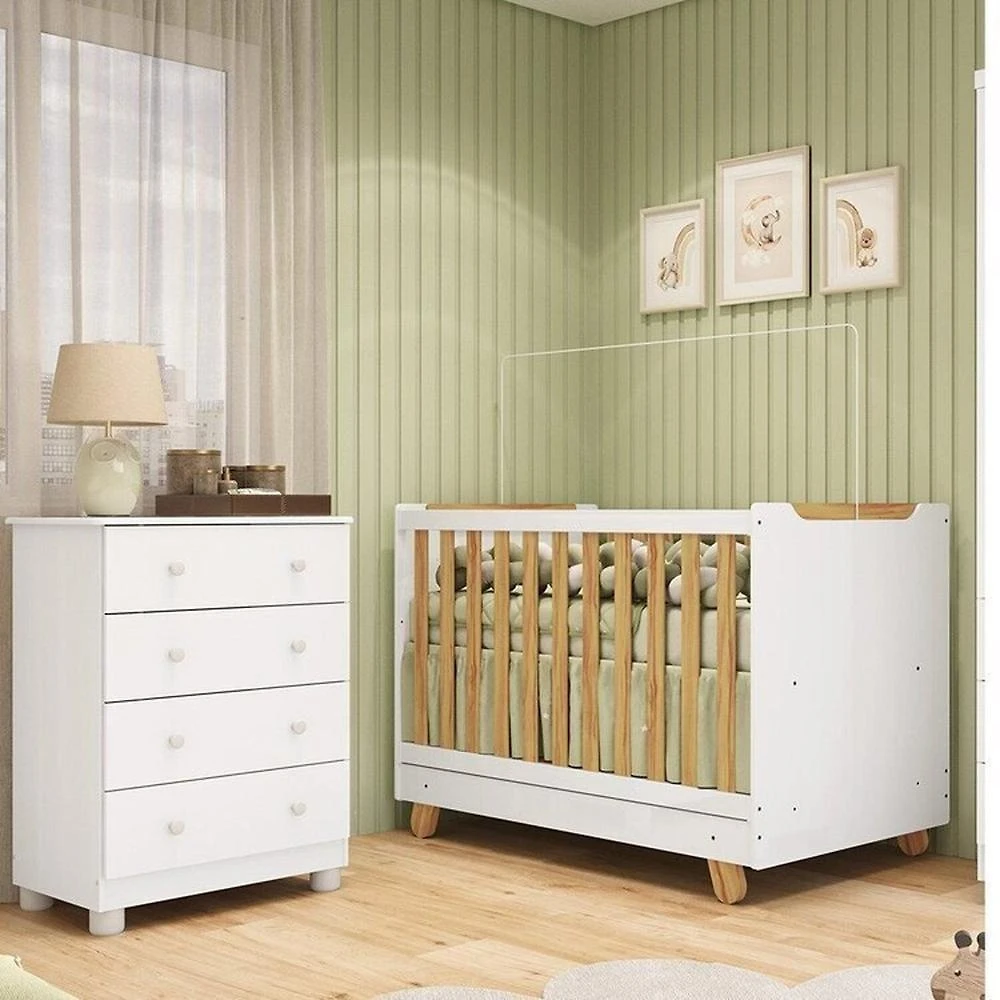 Quarto de Bebê com Cômoda 4 Gavetas e Berço 4 em 1 Minicama 100% Mdf Mike Espresso Móveis Branco Brilho/Amêndoa