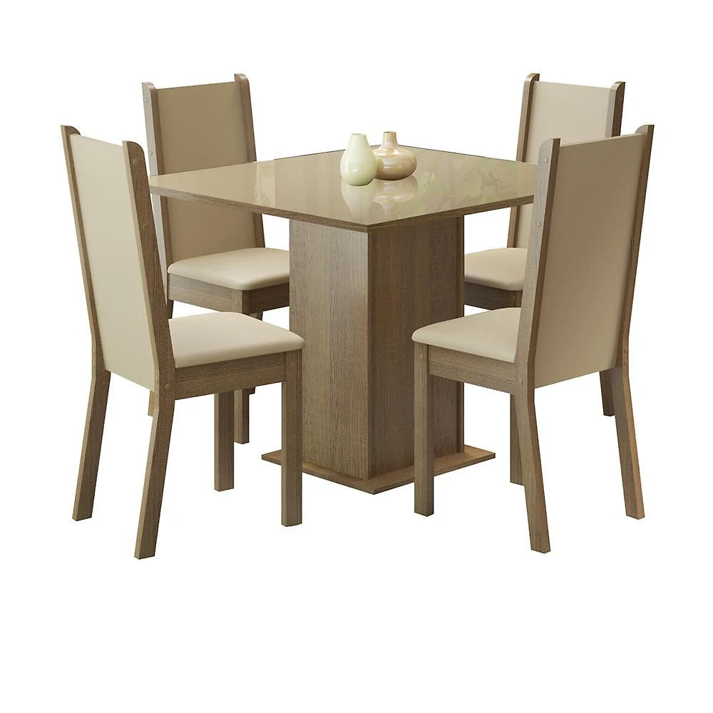 Conjunto sala de jantar madesa moscou plus mesa tampo de vidro 4 cadeiras - rustic/crema/sintbege