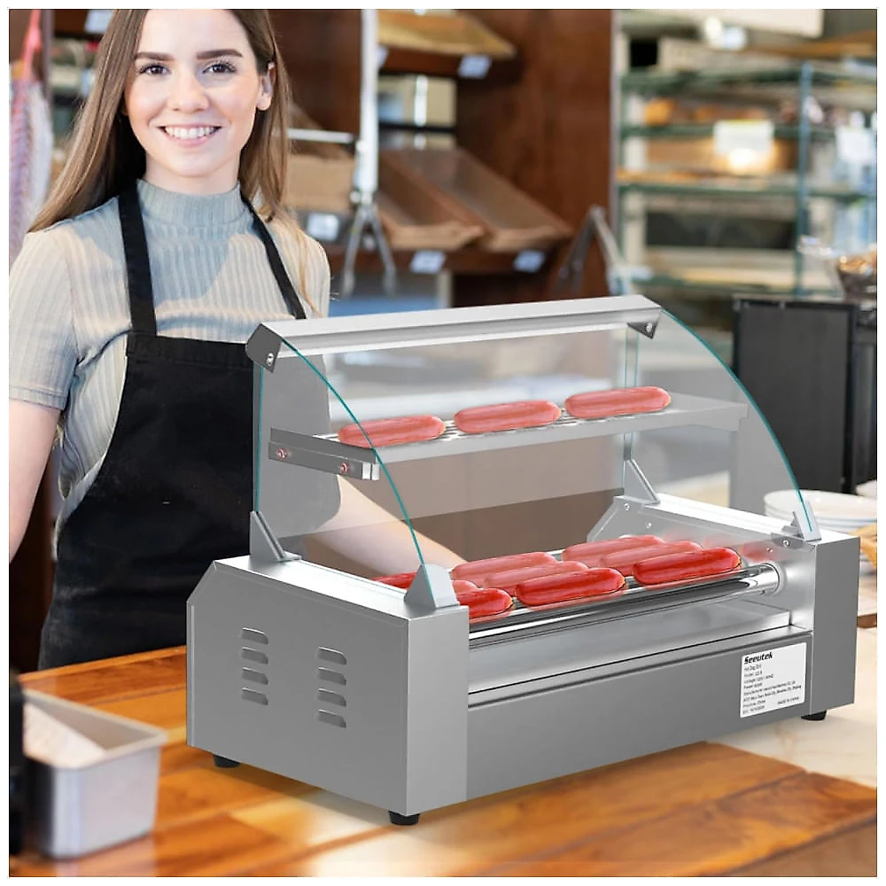 Máquina de Cachorro-Quente Seeutek com 5 Rolos, Capacidade para 18 Cachorros-Quentes, 1100W, Aço Inoxidável, Controle de Temperatura Duplo, Cobertura