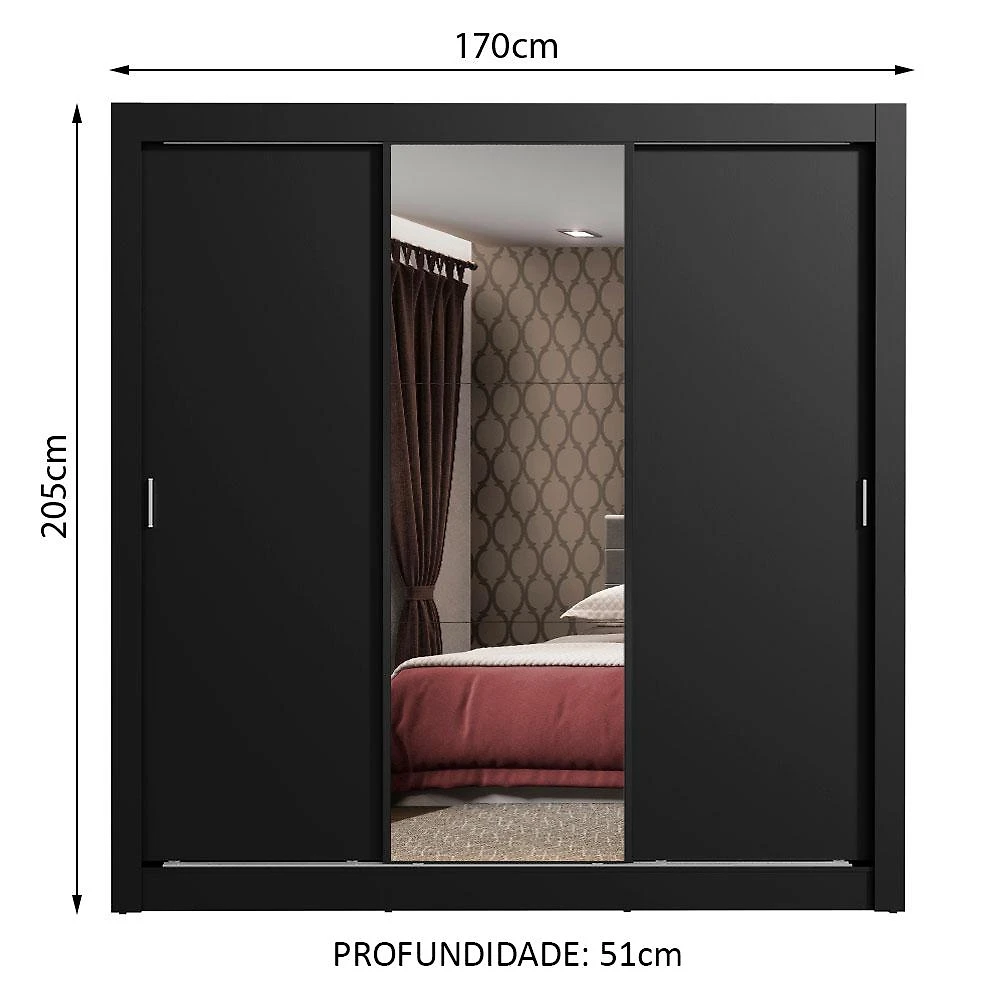Miniatura Guarda Roupa Casal Madesa Mônaco 3 Portas de Correr com Espelho - Preto Preto