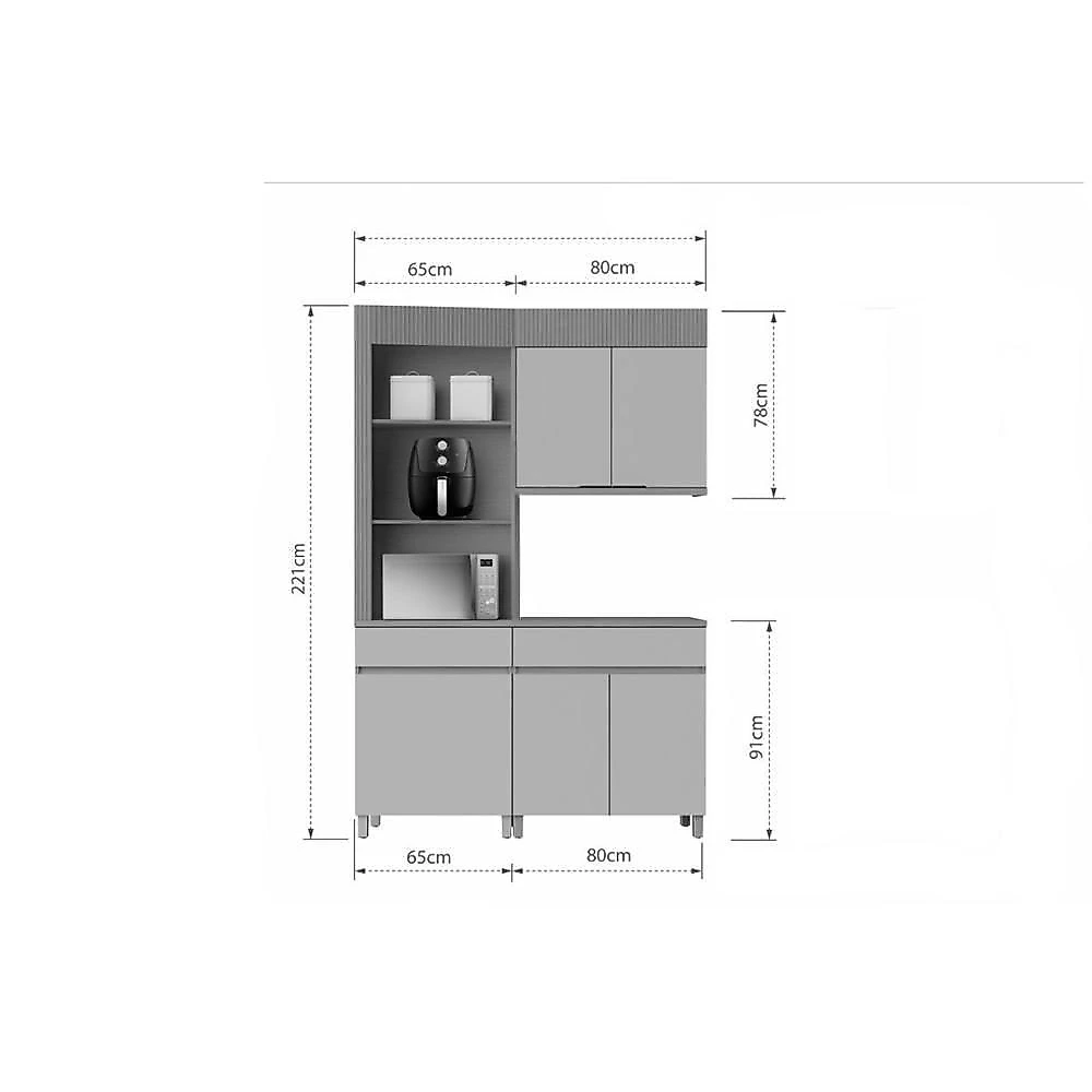 Kit Cozinha Realeza 3 Portas 2 Gavetas MDF 80CM Carvalho e Titânio Nesher Móveis