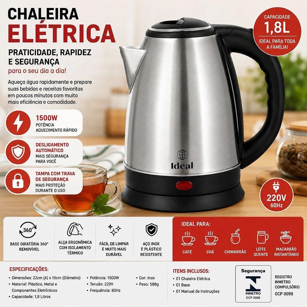 Miniatura Chaleira Elétrica Ideal 1.8L 1500W Aço Inox 220V