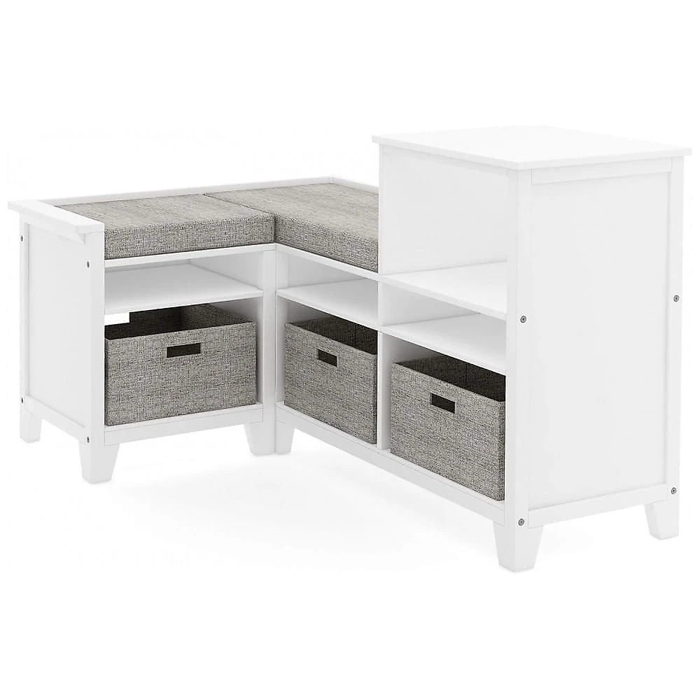 Banco de canto infantil Martha Stewart Living & Learning branco com nichos, cestos de tecido e assento acolchoado para quarto e brinquedoteca