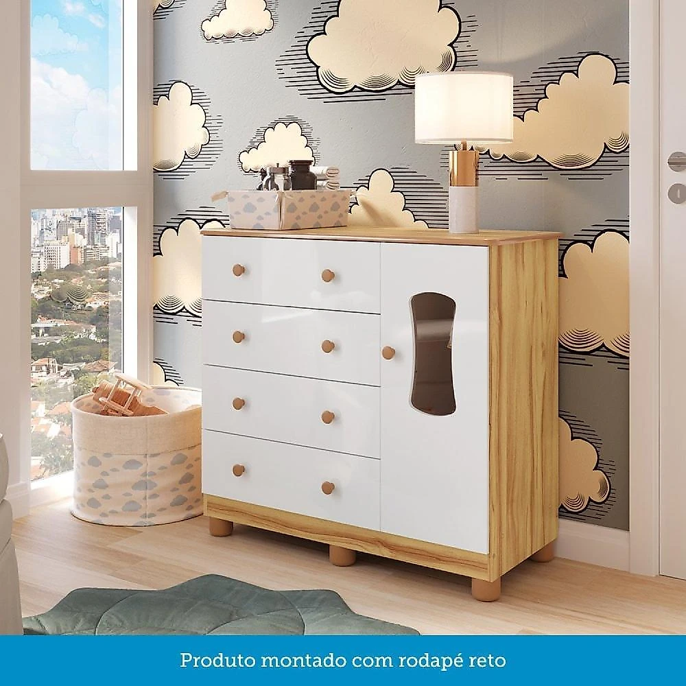 Quarto de Bebê Cômoda com 1 Porta Janelada e Berço com Rodízios 100% Mdf Lana Espresso Móveis Branco Brilho/Amêndoa