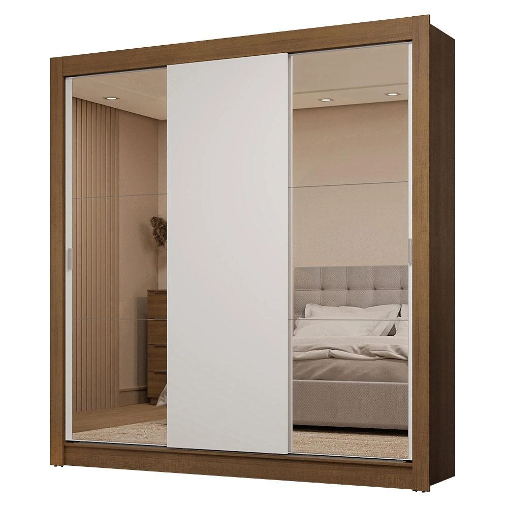 Guarda-roupa casal 3 portas de correr com espelhos 2 gavetas rustic/branco sublime madesa