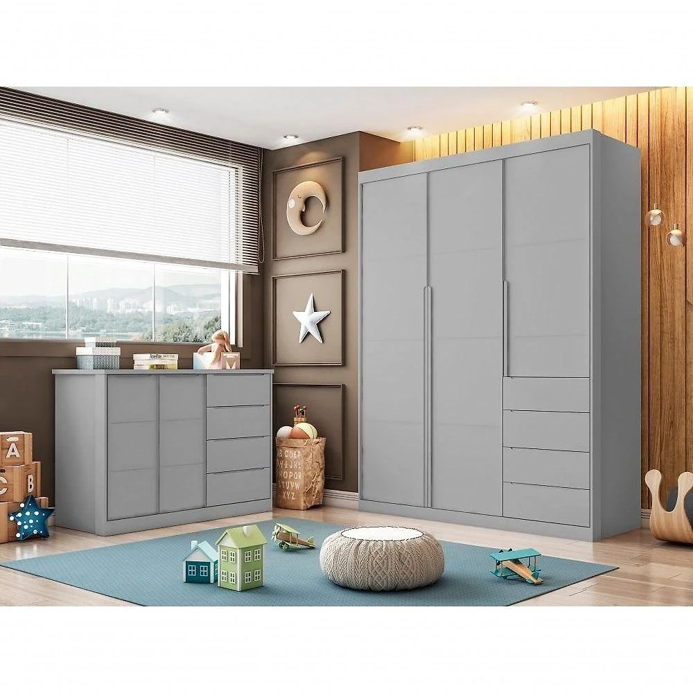 Jogo de Quarto Pérola 3 Portas 4 Gavetas MDF 100CM Cinza Phoenix Baby