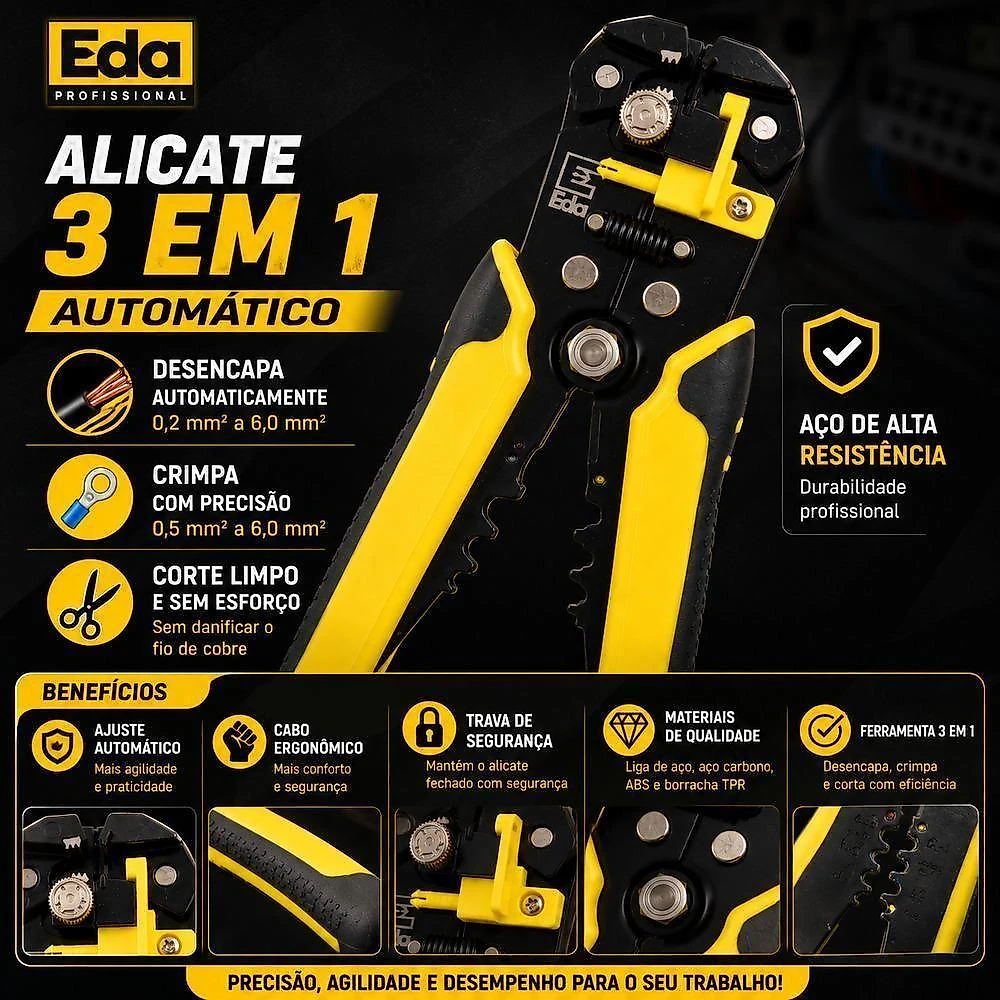 Alicate Desencapador Crimpador Automático 3 em 1 0SF Ajustável Amarelo EDA Profissional webcontinental-7736214802262