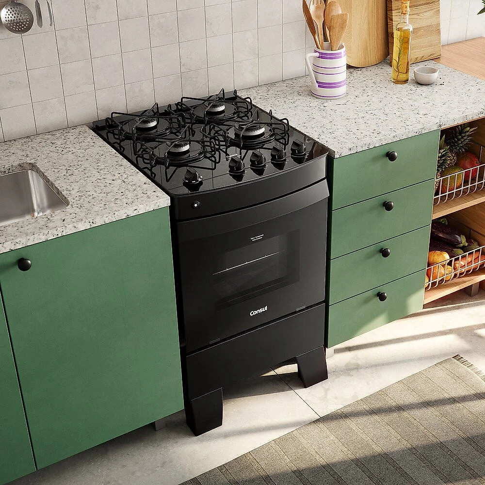 Fogão a Gás Consul 4 Bocas com Mesa de Vidro, Preto - CFO4VCE Preto - Bivolt