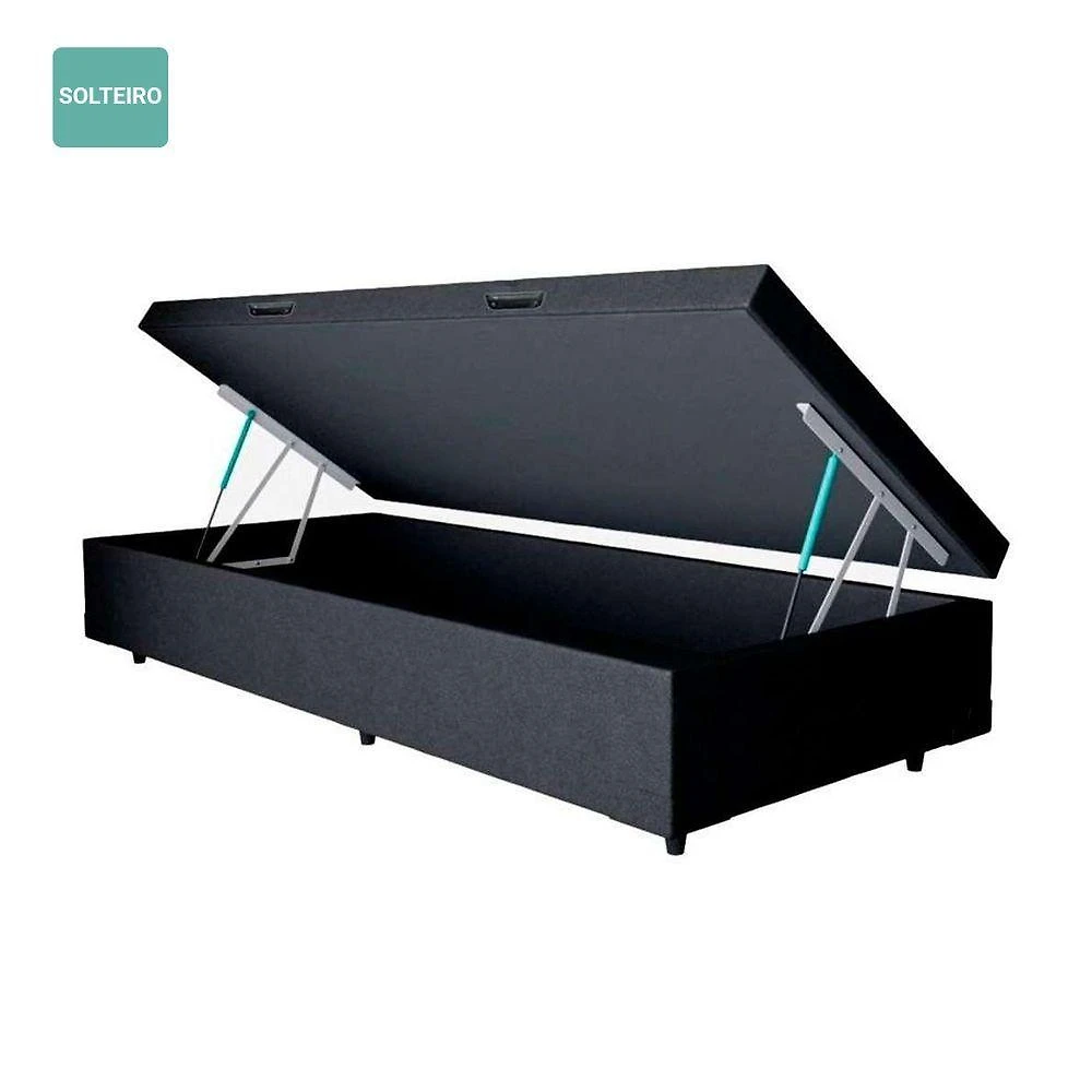 Cama Box com Baú Solteiro Sintético Estrutura em Madeira com Pistões a Gás Preto