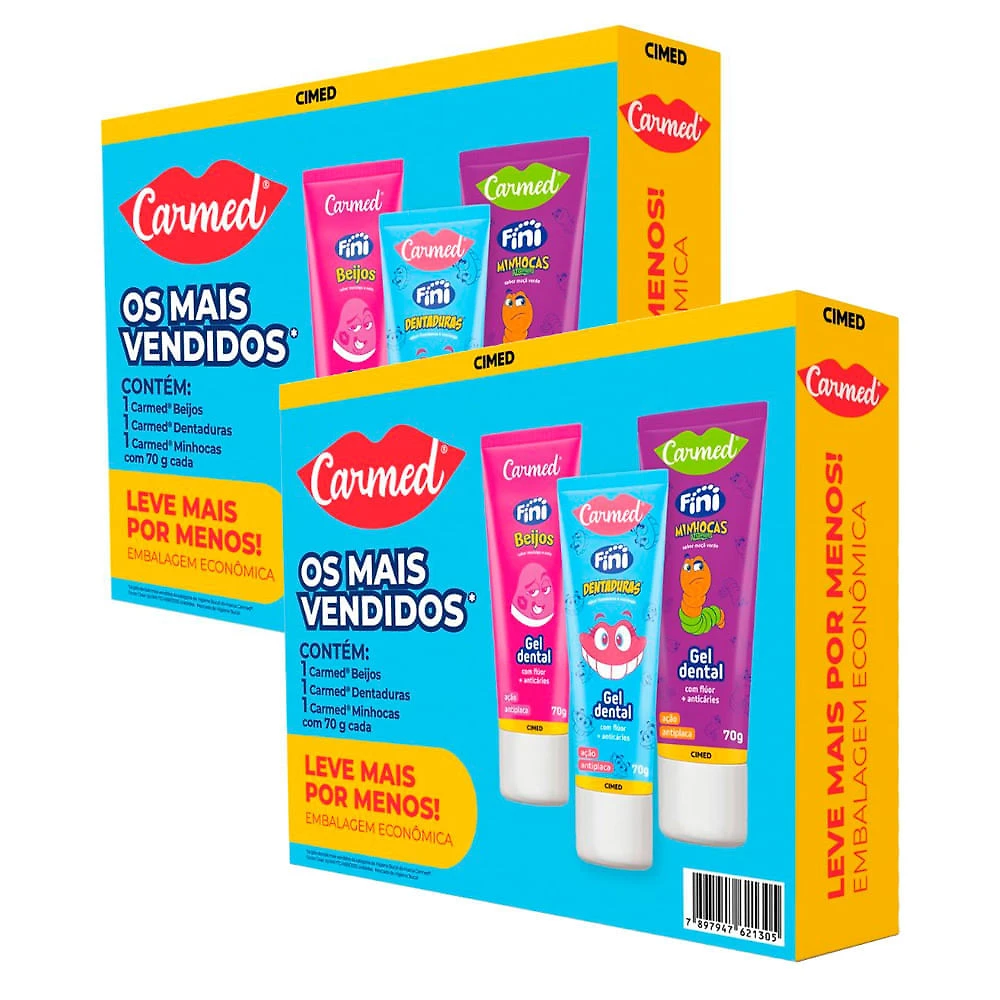 Kit 2 Kit Gel Dental Infantil Carmed Beijos + Dentadura + Minhocas 70g Cada Leve Mais por Menos