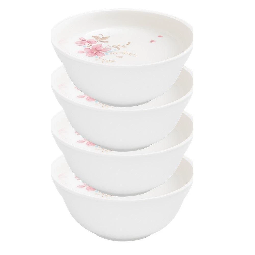 Jogo de Tigelas Flowers Bord Vidro Opalino 1400ml para Salada e Sobremesa Branco com Detalhes Rosas