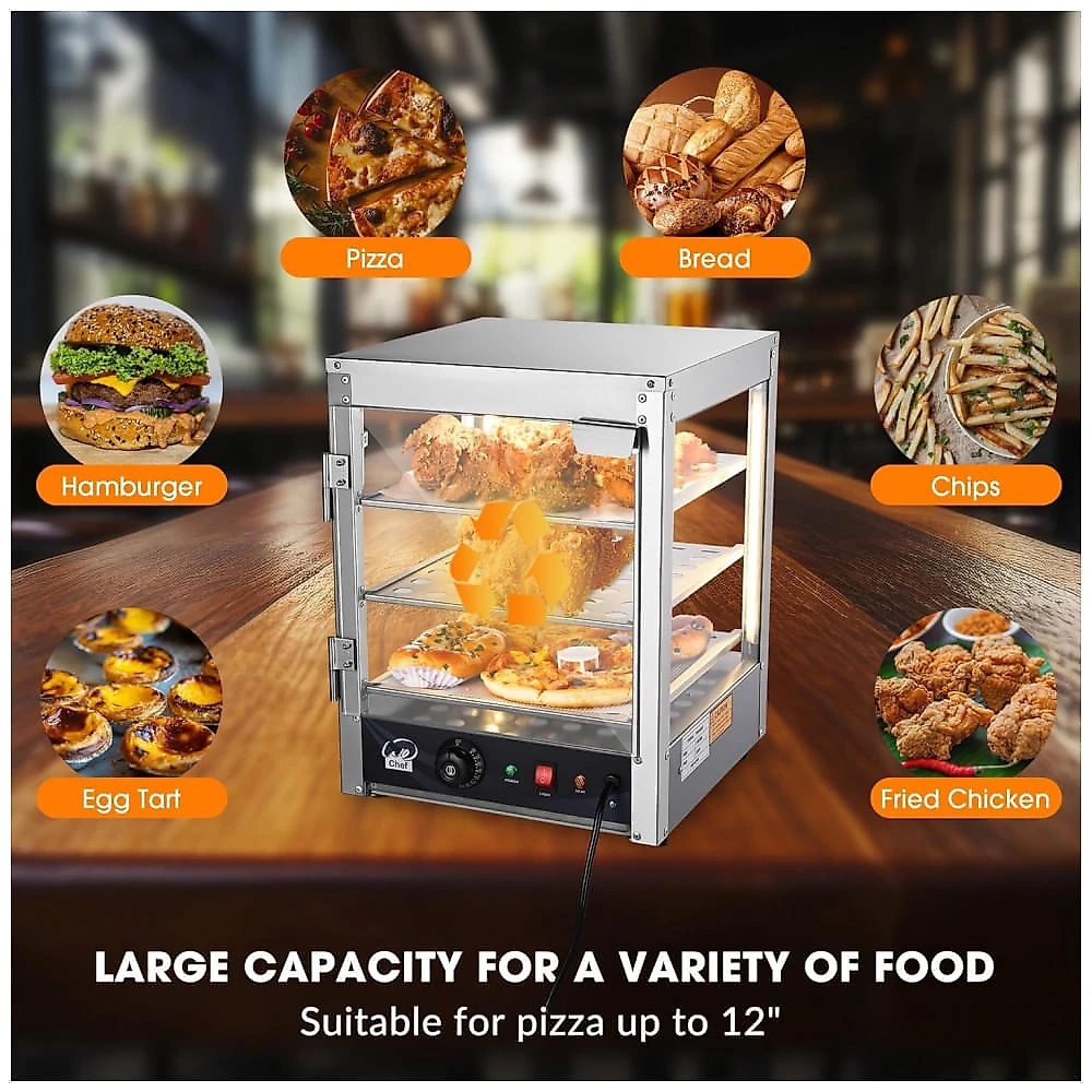 Expositor Aquecedor de Alimentos WeChef 3 Andares 38 cm Pizza Aquecedor Elétrico com Iluminação LED Ajustável Aço Inoxidável 600W 57-85°C (112