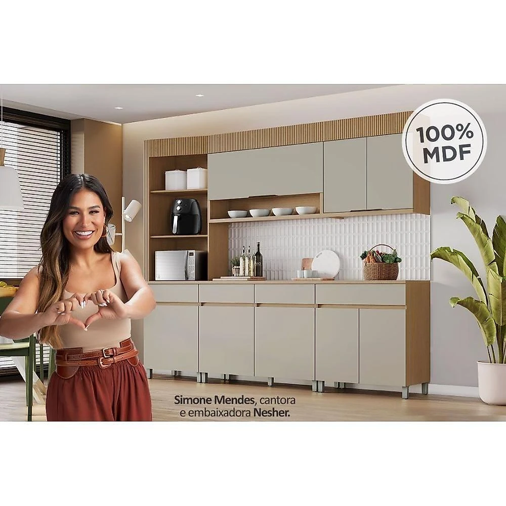 Cozinha Modulada Realeza 2 Portas 2 Gavetas MDF 120CM Carvalho e Titânio Nesher Móveis