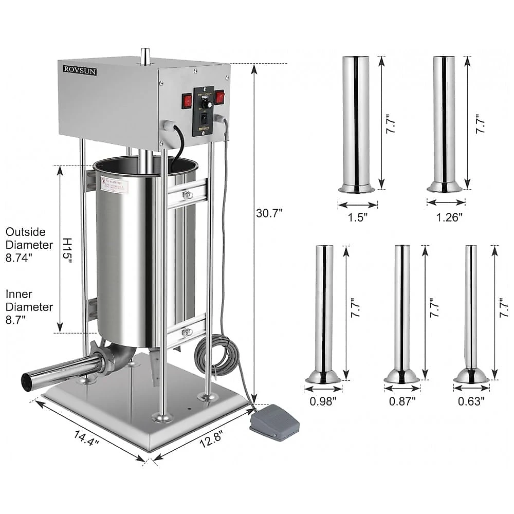 Máquina de Fazer Linguiça Elétrica ROVSUN 11 Velocidades em Aço Inoxidável - Capacidade 15 litros, Ideal para Uso Doméstico e Comercial
