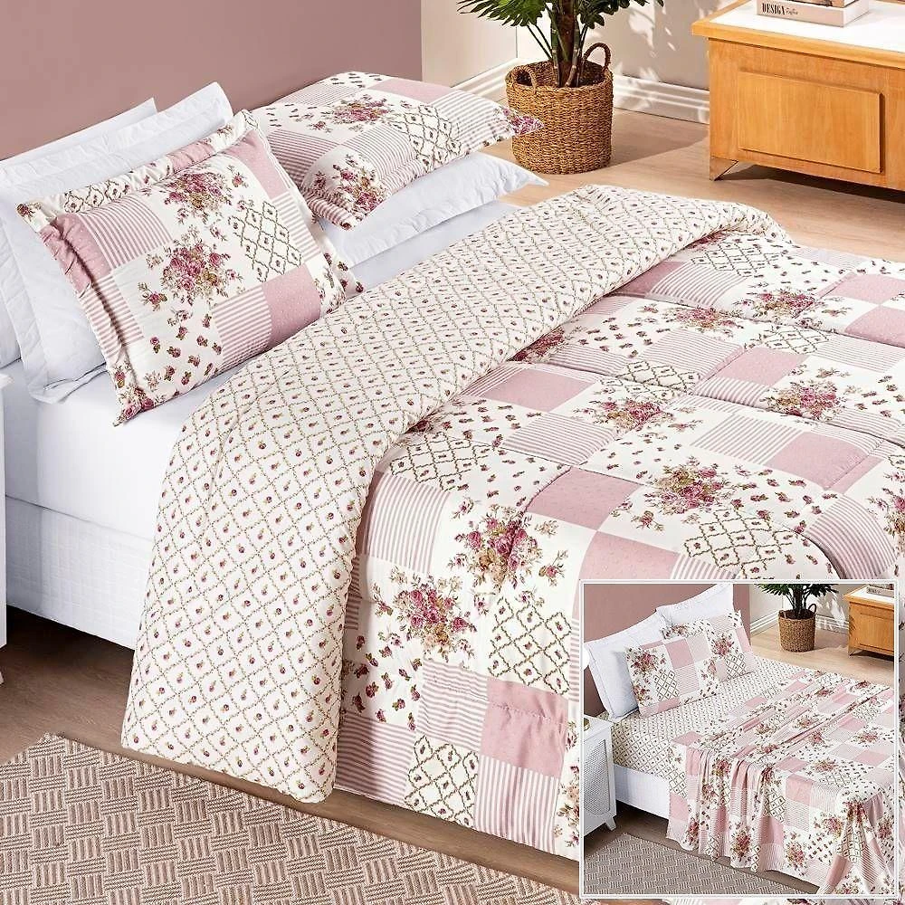 Edredom 2,40m X 2,20m + Jogo De Cama Dupla Face Bouti Queen 07 Peças 100% Poliéster - Rosa Matura