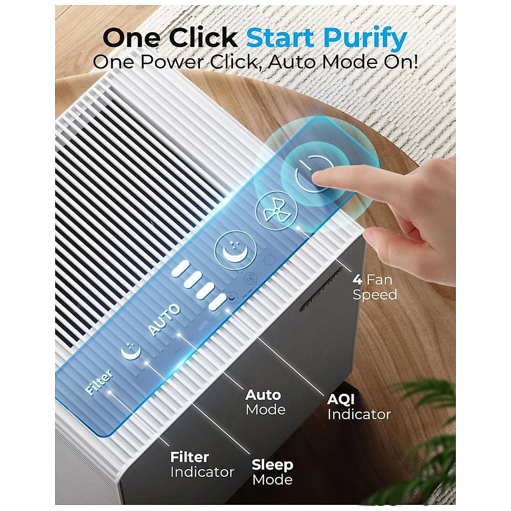Purificador de Ar para Residências Grandes de até 209 m² com Filtro Duplo Lavável e True HEPA, Modo Automático e Noturno -