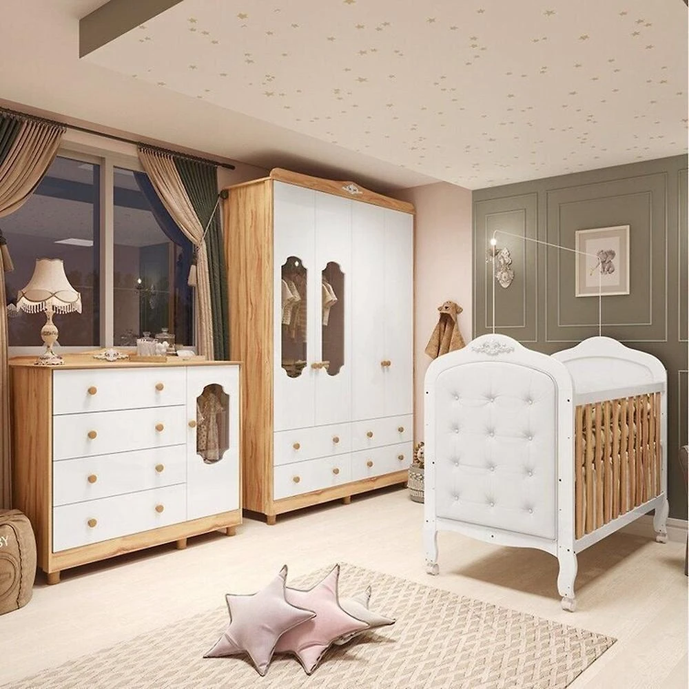 Quarto de Bebê com Guarda-roupa Cômoda e Berço com Capitonê 100% Mdf Maya Provençal Espresso Móveis