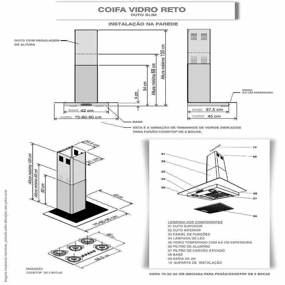 Coifa De Parede 75cm Vidro Reto Duto Slim Fogatti Inox 220V