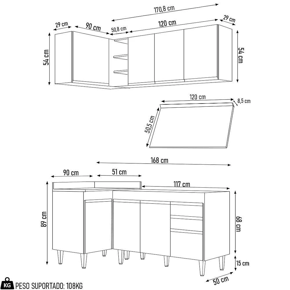 Miniatura Armário De Cozinha Modulado De Canto Direito 4 Peças Cp38 Balcão Com Tampo Branco/preto - Lumil