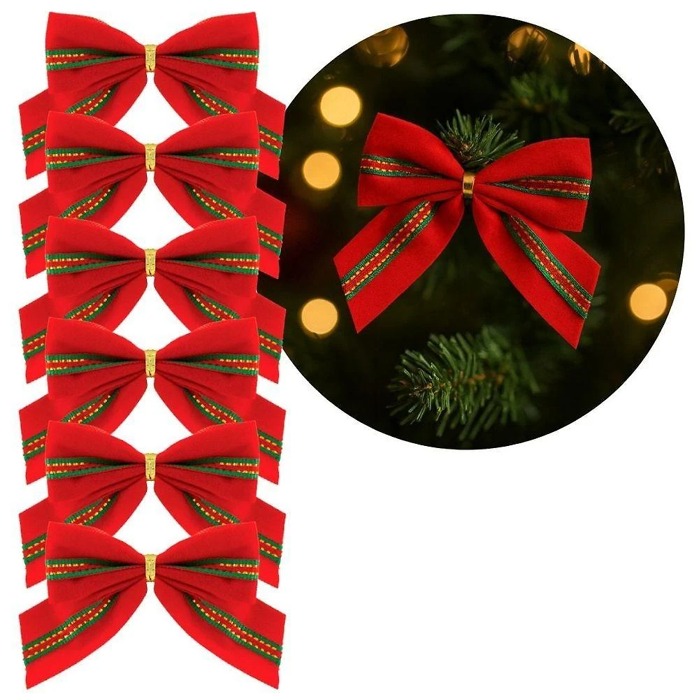 Laço Decorativo Natalino Mini Laços Veludo Vermelho e Verde com Dourado 6 Unidades Yangzi