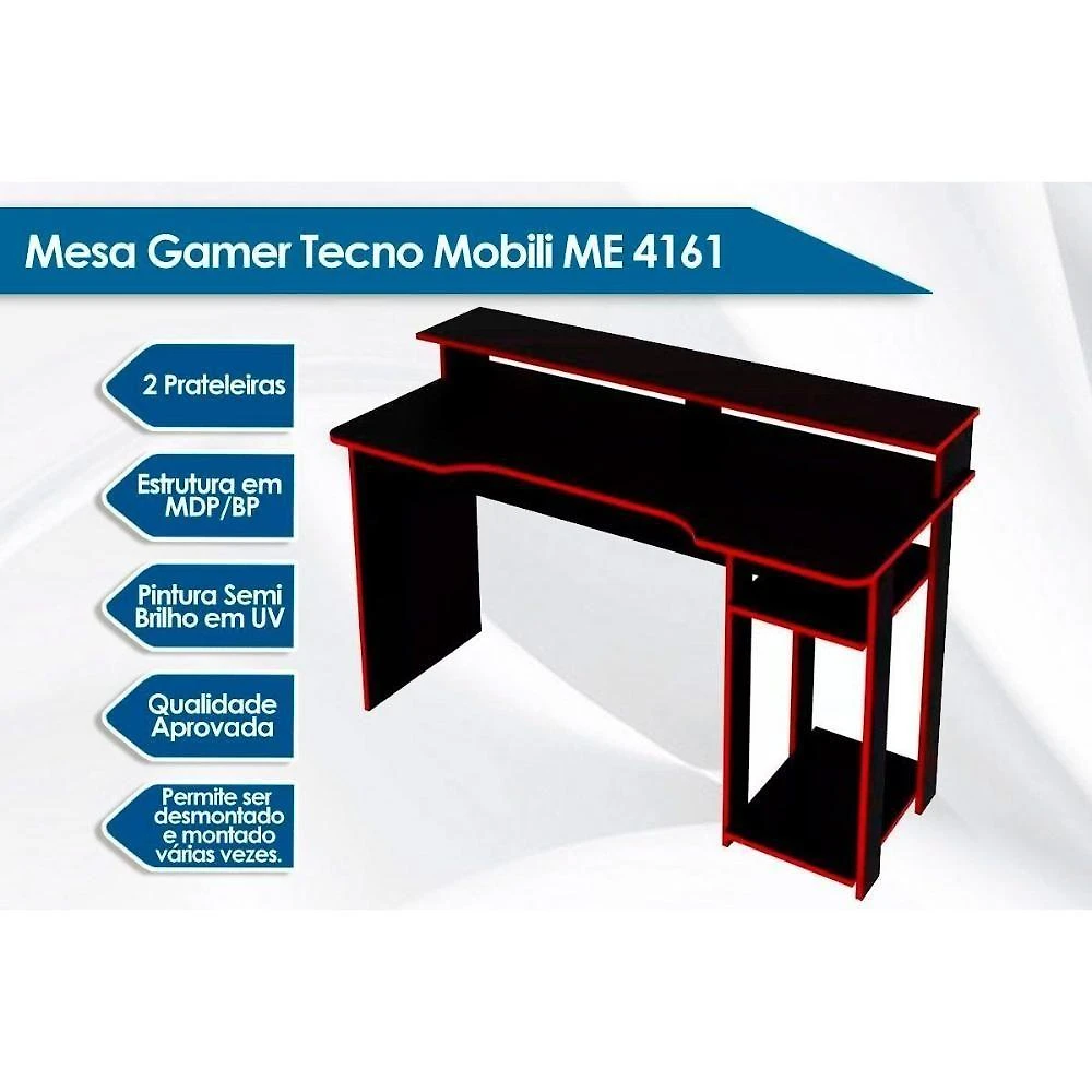 Mesa De Computador Quarto Gamer ( De Computador + Estante) 2 Peças Preto/vermelho - Tecno Mobili