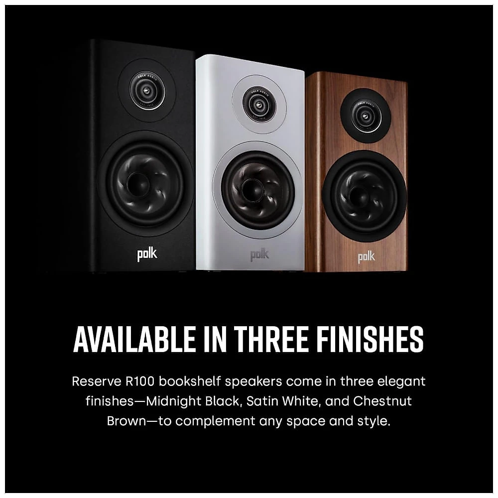 Caixa acústica bookshelf Polk Audio Reserve R100 nogueira, tweeter anelar 25 mm Pinnacle, woofer Turbine 133 mm, Hi-Res, Dolby Atmos e IMAX Enhanced