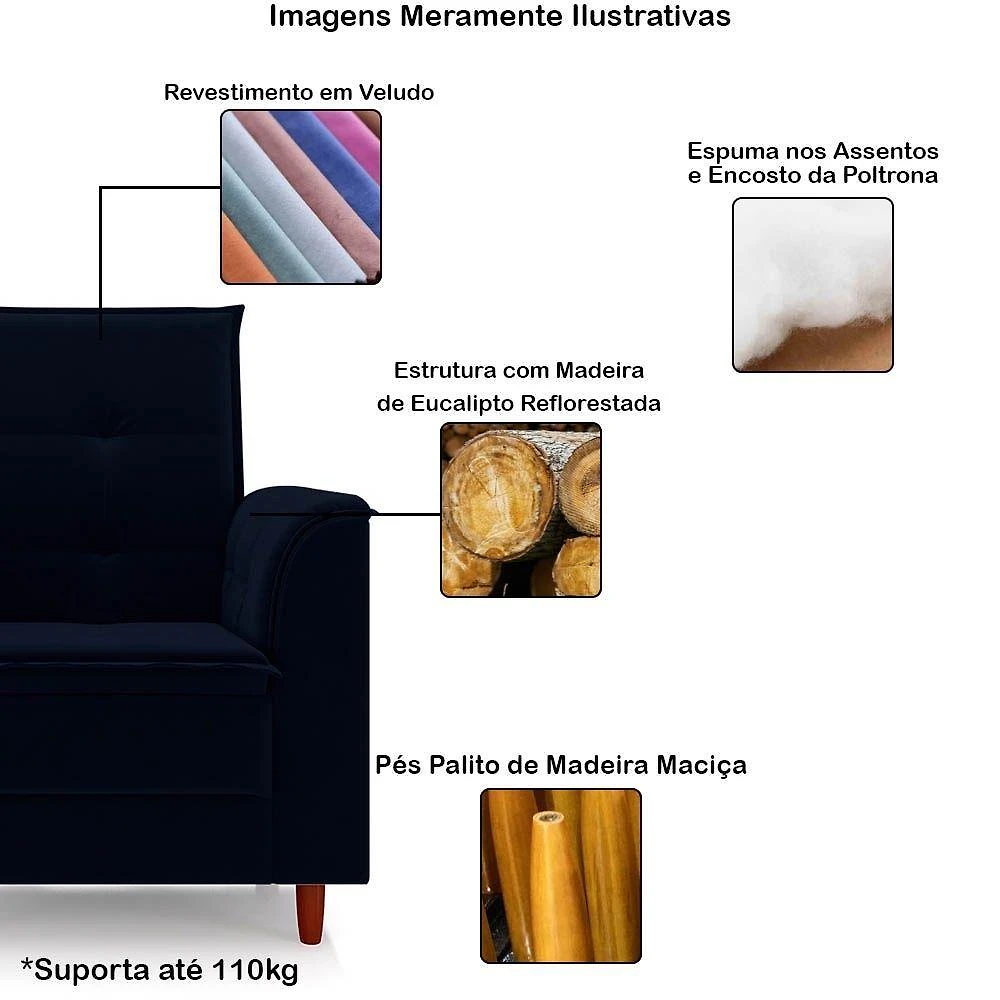 Miniatura Poltrona Decorativa Estofada Confortável Sala Isis Veludo Azul Marinho