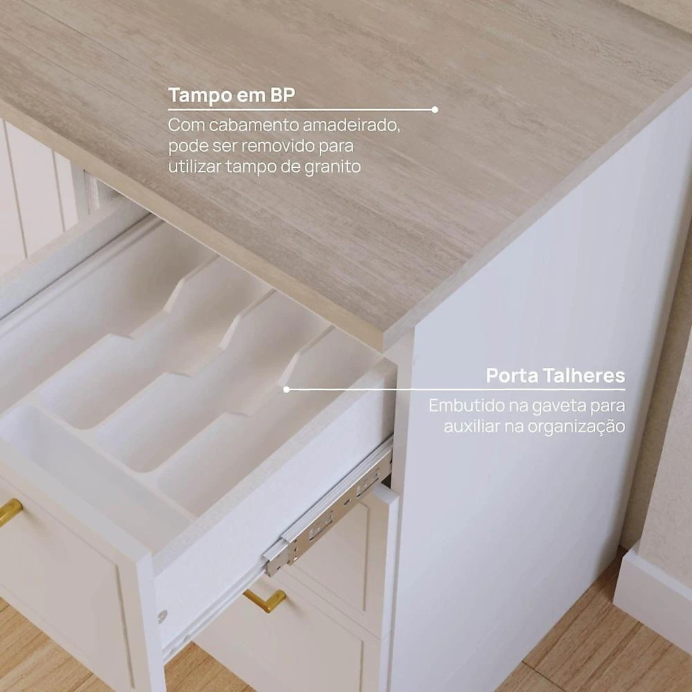Cozinha Modulada 4 Pçs com Tampo com Cristaleira Marselha Cabecasa Madeiraoriginals Branco/Calcare