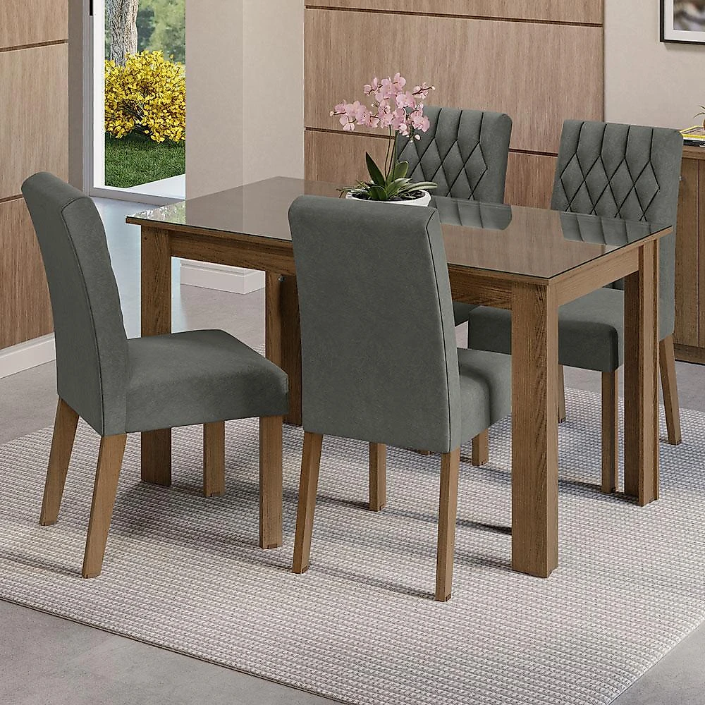 Conjunto sala de jantar mesa tampo de vidro 4 cadeiras rustic/silver celina madesa