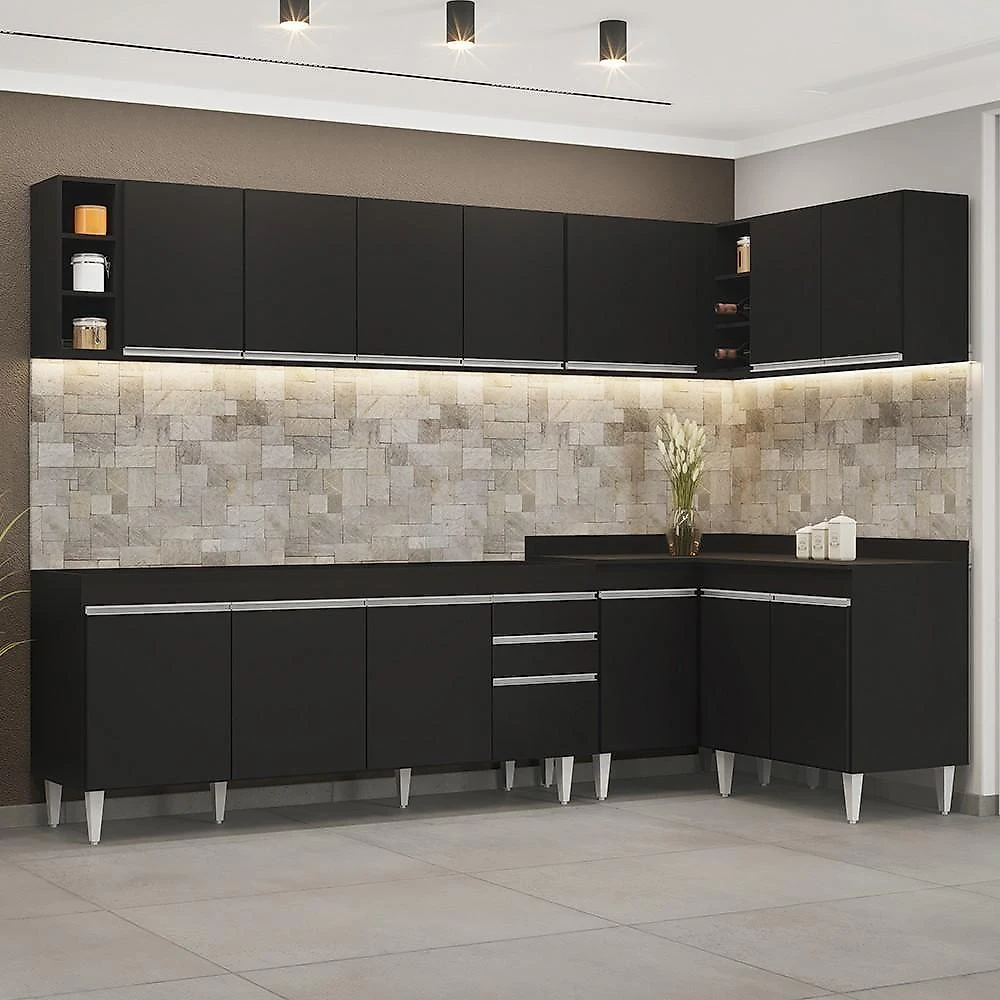 Armário De Cozinha Modulado De Canto 7 Peças Cp34 Balcão Sem Tampo Preto - Lumil