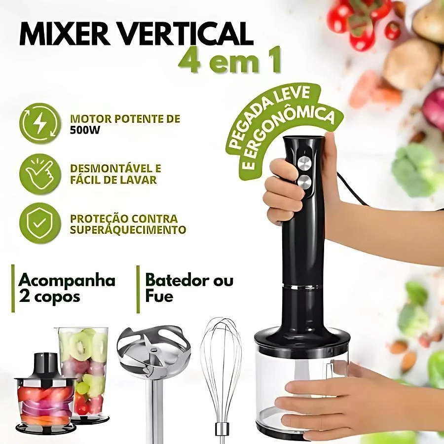 Miniatura Mixer Processador Inox 4 Em 1 500W 110V - Alta Potência
