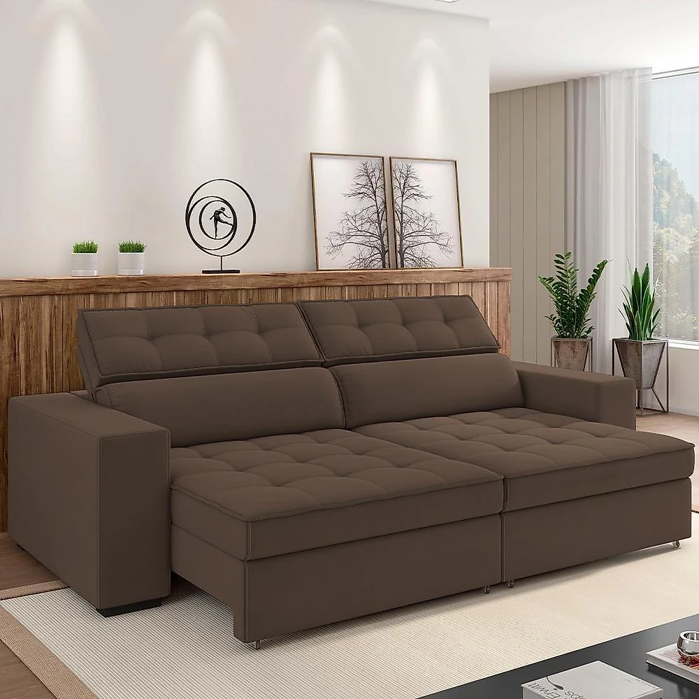 Sofá Retrátil Reclinável Para Sala De Estar Living 290cm Clara M03 Veludo Marrom - Lyam Decor