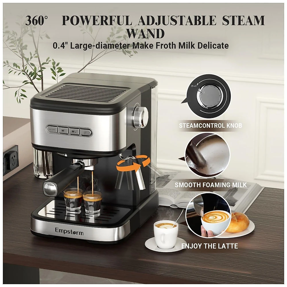 Máquina de Café Expresso 20 Bar para Cápsulas ou Café Moído, com Vaporizador de Leite, 110V 850W, Empstorm, Preta 110v